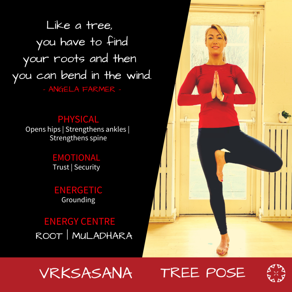 Amy O Brien in tree pose with the benefits of tree pose